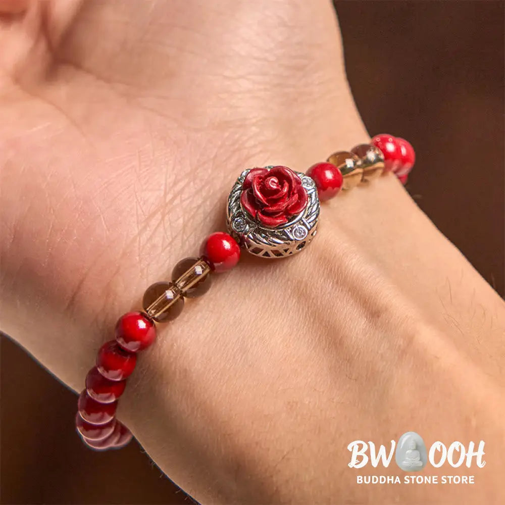 Buddha Stones Cinnabar Angora Red Shell Pearl Rose Petals Calm Bracelet - BWOOOH - Cinnabar(Wrist Circumference: