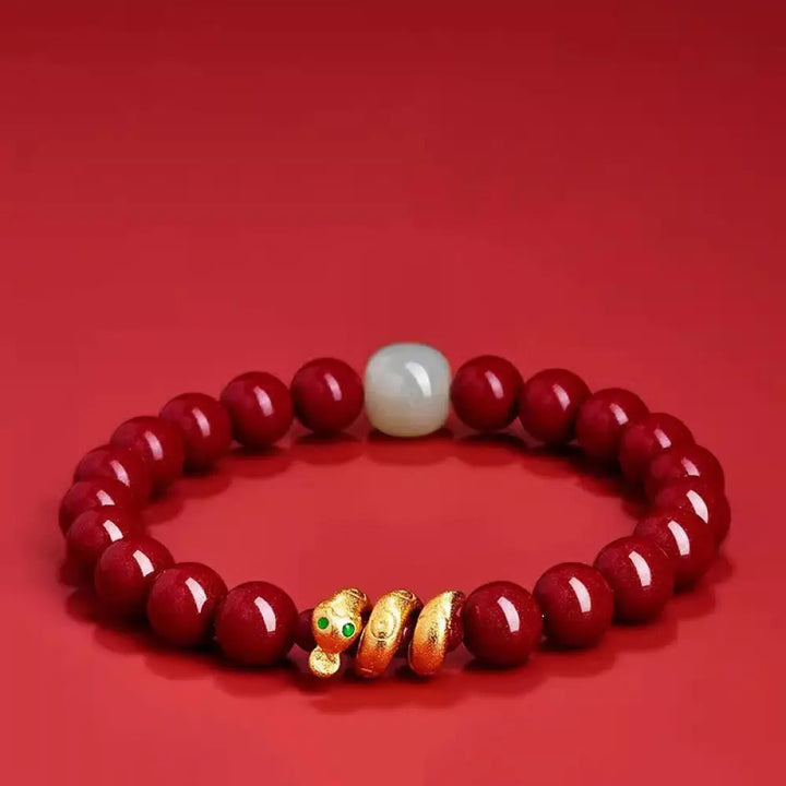 BWOOOH Cinnabar Bead Hetian Jade Year Of The Snake Blessing Bracelet - BWOOOH - 8mm Cinnabar Hetian Jade