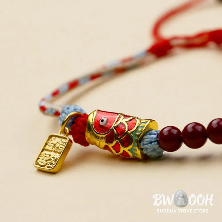 Buddha Stones Cinnabar Beads Lucky Koi Fish Blessing Bracelet - Koi Fish(Wrist Circumference: 14-19cm) - Bracelet