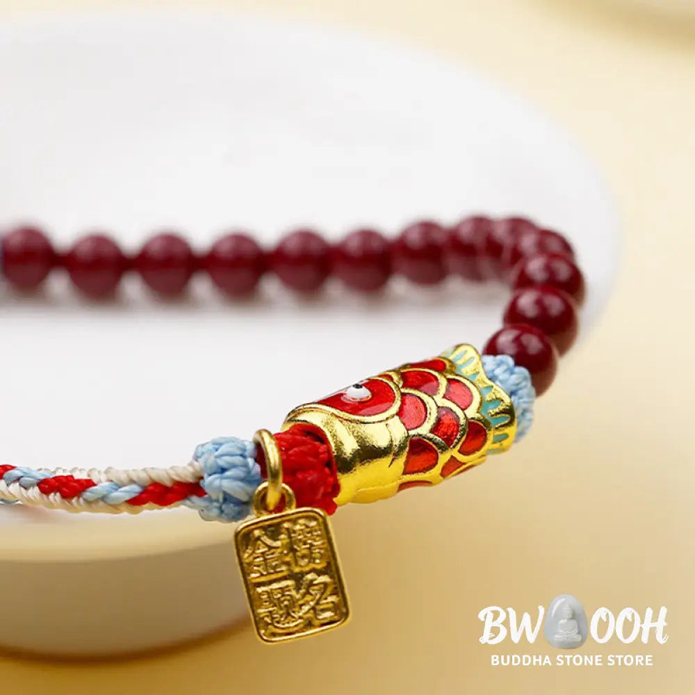 Buddha Stones Cinnabar Beads Lucky Koi Fish Blessing Bracelet - Koi Fish(Wrist Circumference: 14-19cm) - Bracelet