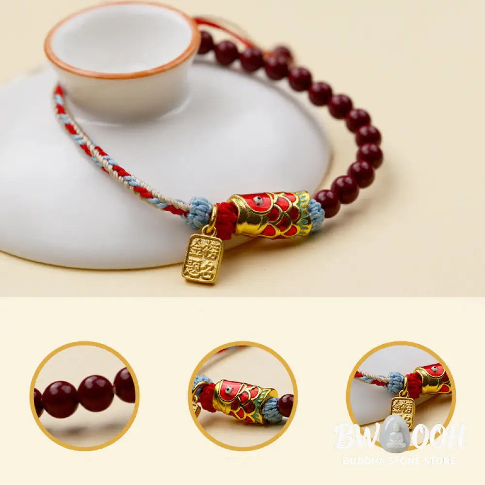 Buddha Stones Cinnabar Beads Lucky Koi Fish Blessing Bracelet - Koi Fish(Wrist Circumference: 14-19cm) - Bracelet