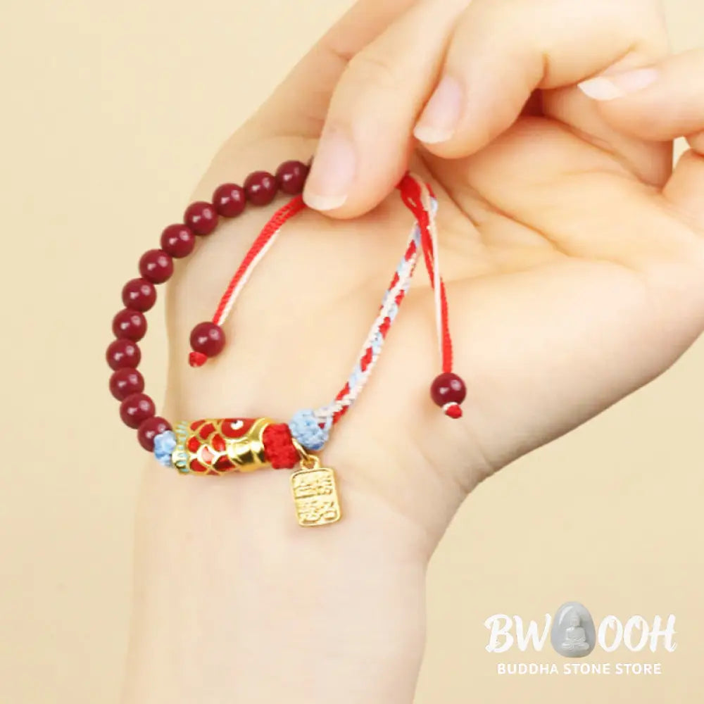 Buddha Stones Cinnabar Beads Lucky Koi Fish Blessing Bracelet - Koi Fish(Wrist Circumference: 14-19cm) - Bracelet