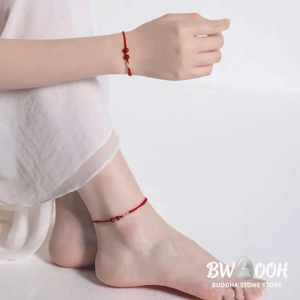 Buddha Stones Cinnabar Blessing Red String Golden Infinity Symbol Bracelet Anklet - BWOOOH - Bracelet Anklet