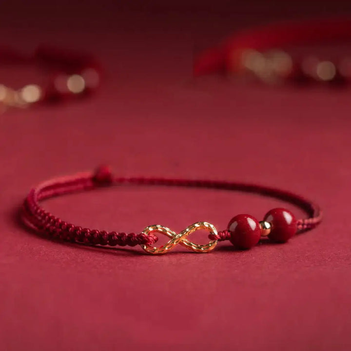 Buddha Stones Cinnabar Blessing Red String Golden Infinity Symbol Bracelet Anklet - BWOOOH - Dark Red / Bracelet(Wrist