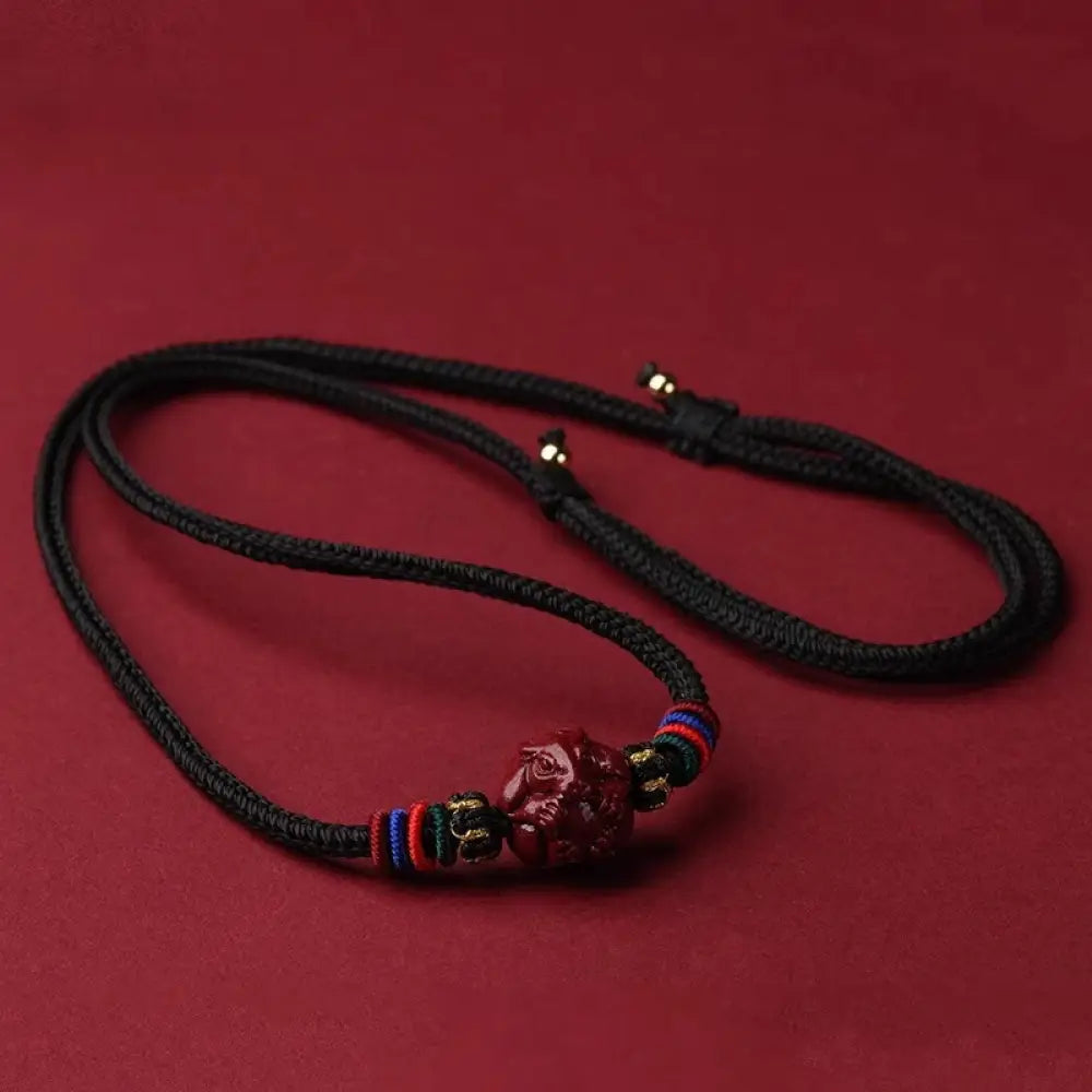 Buddha Stones Cinnabar Chinese Zodiac Black String Blessing Necklace Pendants - BWOOOH - Cinnabar Goat - Necklaces &amp;
