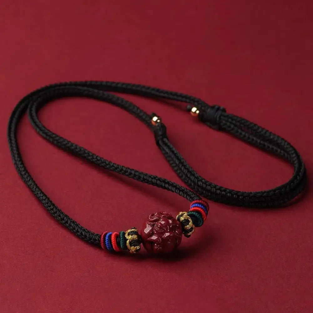 Buddha Stones Cinnabar Chinese Zodiac Black String Blessing Necklace Pendants - BWOOOH - Cinnabar Ox - Necklaces &amp;