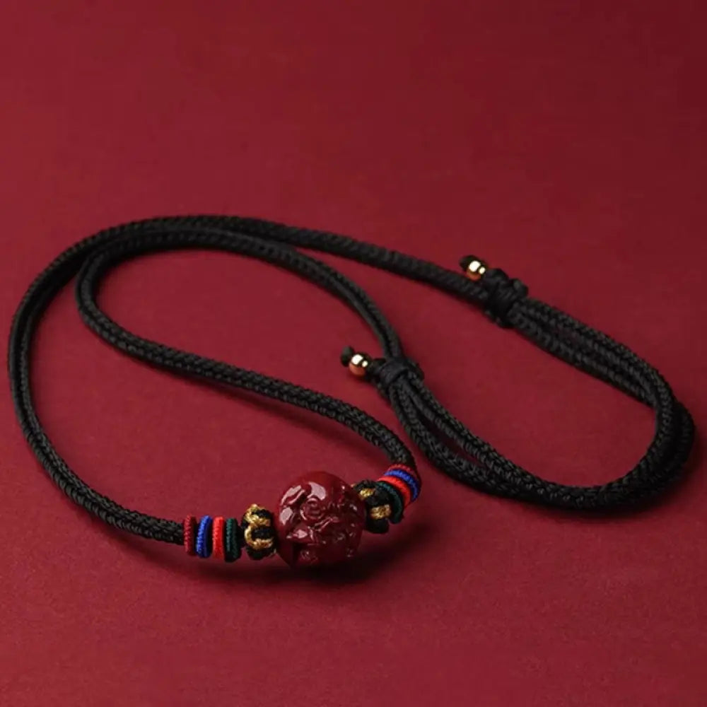 Buddha Stones Cinnabar Chinese Zodiac Black String Blessing Necklace Pendants - BWOOOH - Cinnabar Pig - Necklaces &amp;