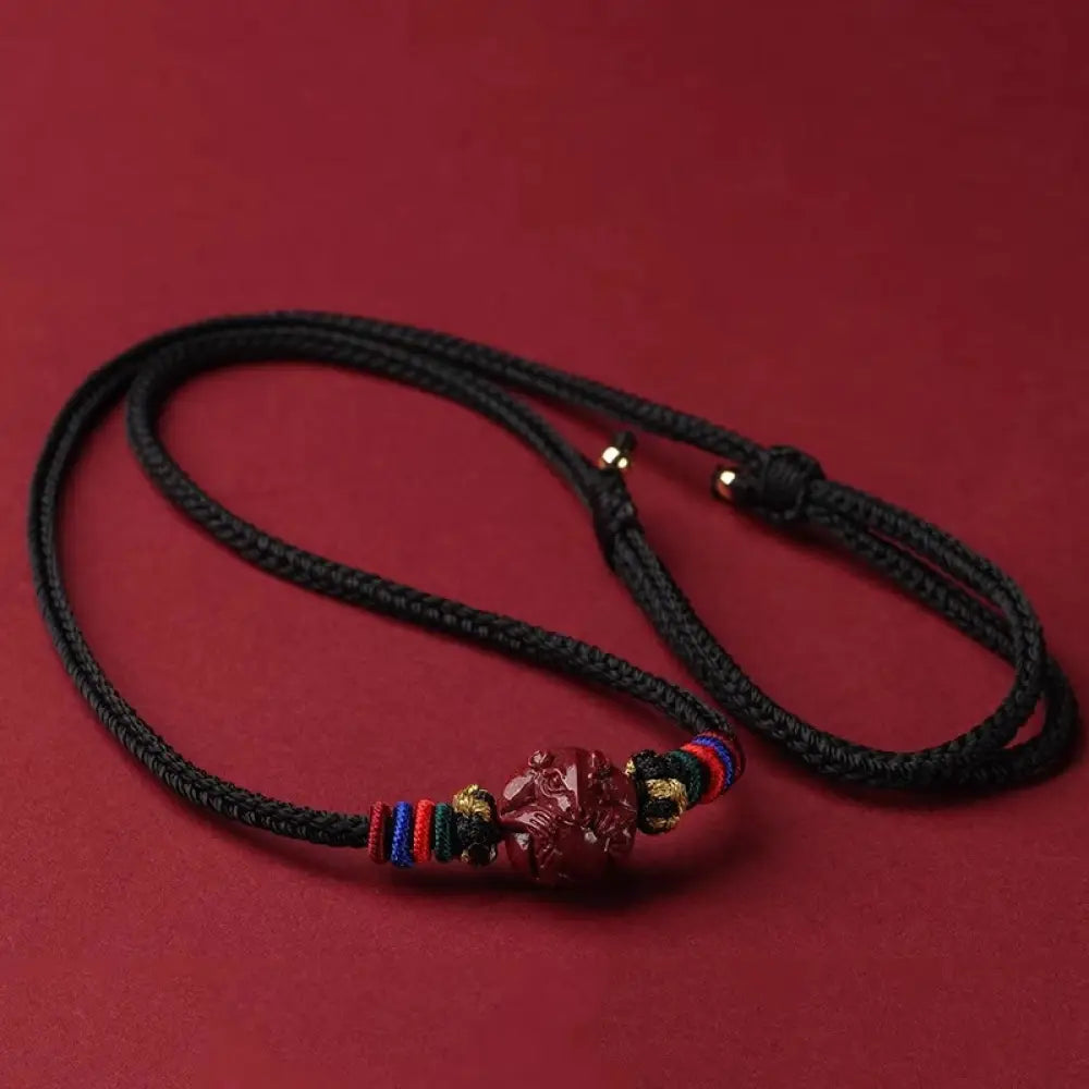 Buddha Stones Cinnabar Chinese Zodiac Black String Blessing Necklace Pendants - BWOOOH - Cinnabar Rabbit - Necklaces &amp;