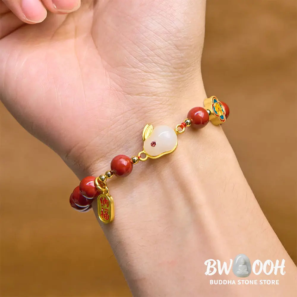 Buddha Stones Cinnabar Cute Rabbit Bunny Fu Character Calm Bracelet - BWOOOH - Bracelet