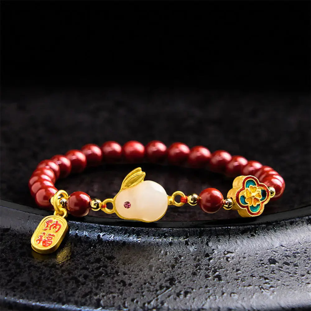 BWOOOH Cinnabar Cute Rabbit Bunny Fu Character Calm Bracelet — Cinnabar crystal healing bracelet for spiritual healing and...