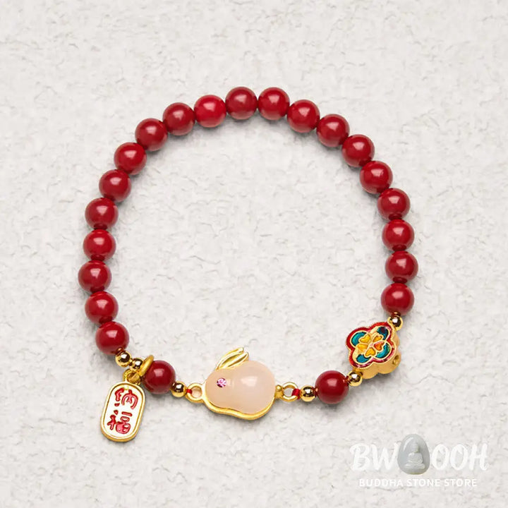 Buddha Stones Cinnabar Cute Rabbit Bunny Fu Character Calm Bracelet - BWOOOH - Bracelet