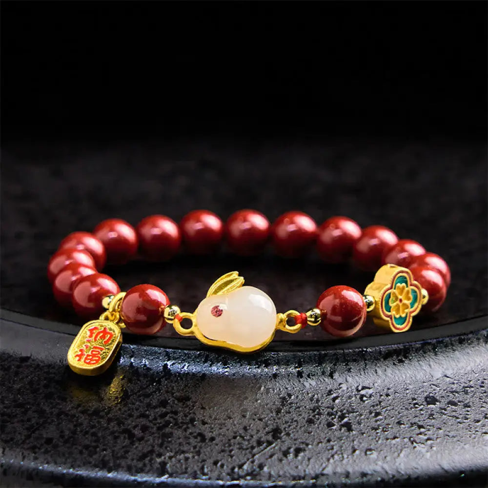 Buddha Stones Cinnabar Cute Rabbit Bunny Fu Character Calm Bracelet - BWOOOH - 8mm Cinnabar(Wrist Circumference