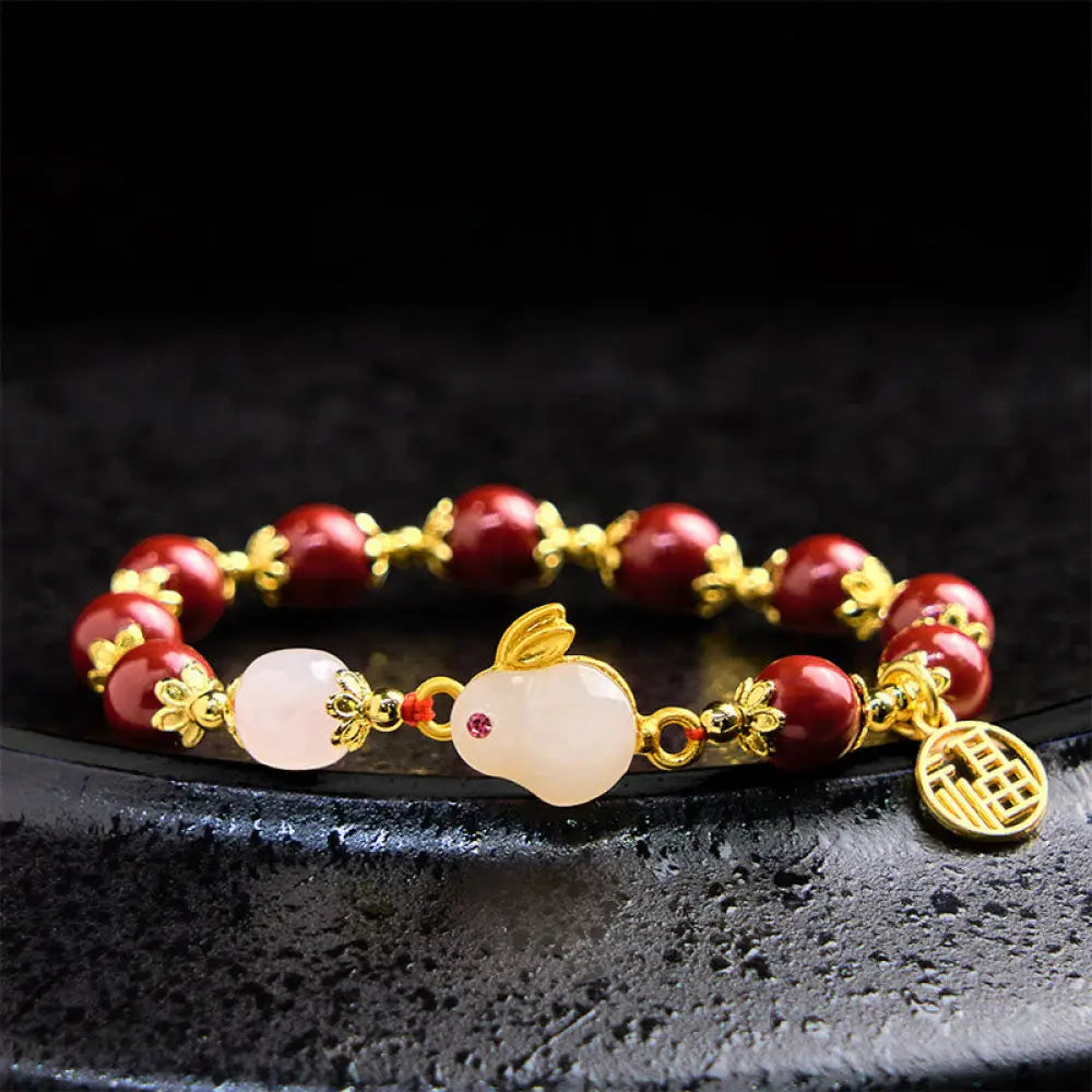 BWOOOH Cinnabar Cute Rabbit Bunny Fu Character Charm Blessing Bracelet — Cinnabar crystal healing bracelet for spiritual h...
