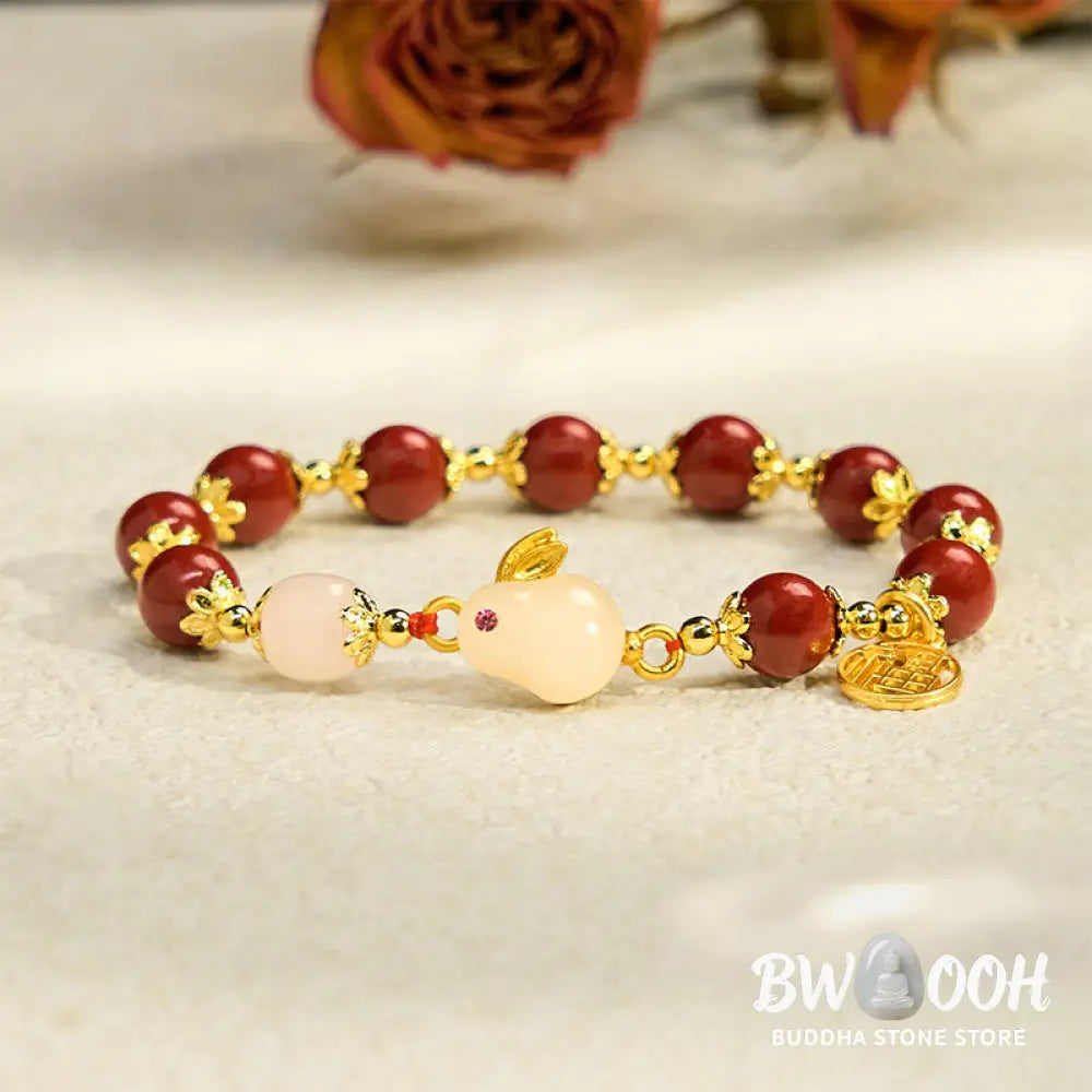 Buddha Stones Cinnabar Cute Rabbit Bunny Fu Character Charm Blessing Bracelet - BWOOOH - Cinnabar(Wrist Circumference