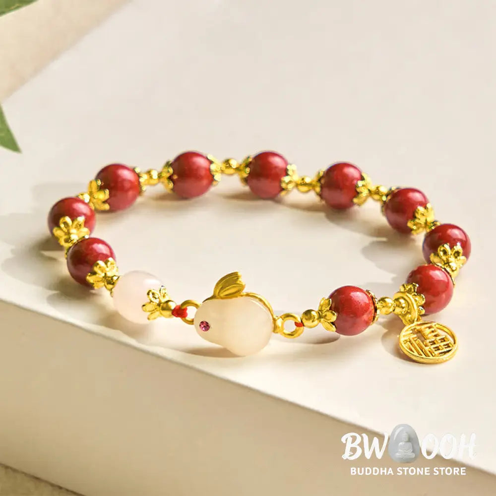 Buddha Stones Cinnabar Cute Rabbit Bunny Fu Character Charm Blessing Bracelet - BWOOOH - Cinnabar(Wrist Circumference