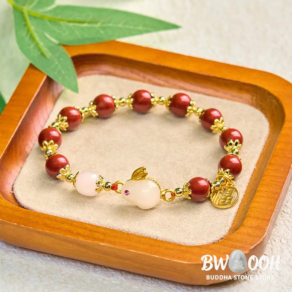 Buddha Stones Cinnabar Cute Rabbit Bunny Fu Character Charm Blessing Bracelet - BWOOOH - Cinnabar(Wrist Circumference