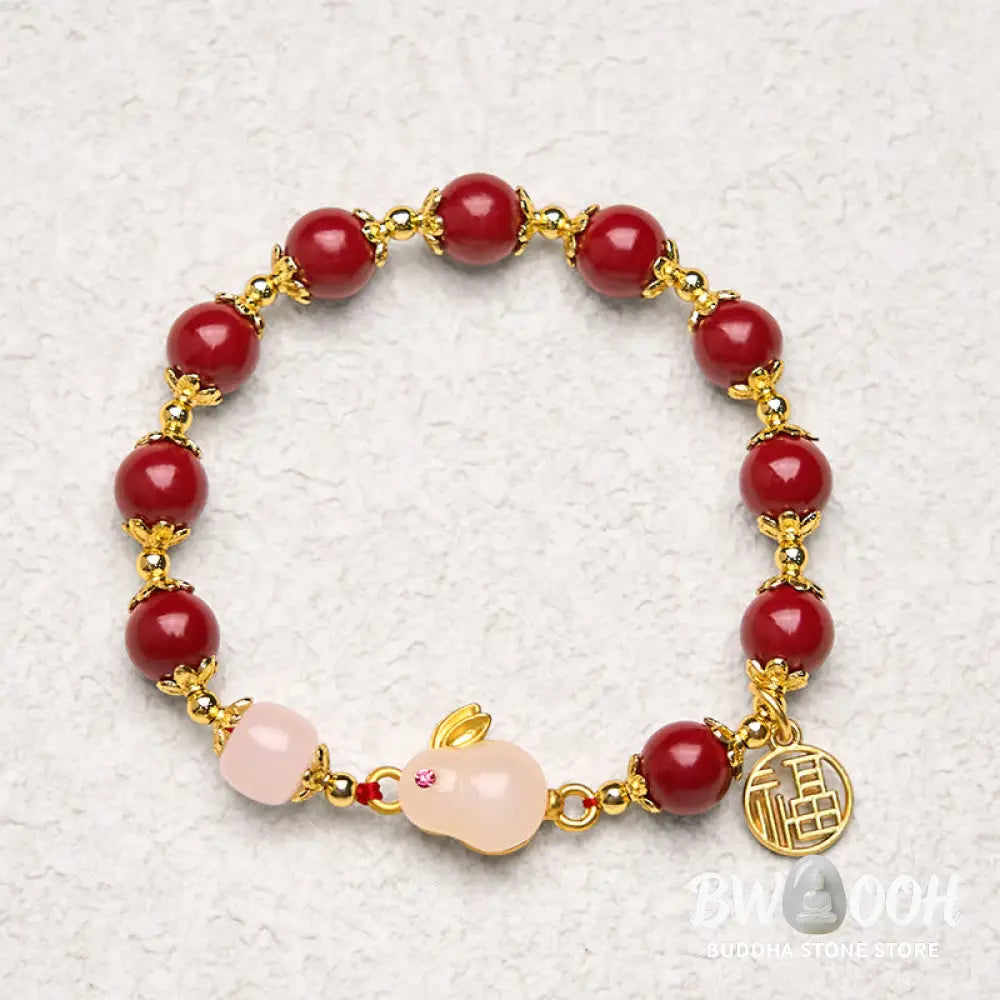 Buddha Stones Cinnabar Cute Rabbit Bunny Fu Character Charm Blessing Bracelet - BWOOOH - Cinnabar(Wrist Circumference