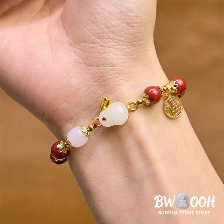 Buddha Stones Cinnabar Cute Rabbit Bunny Fu Character Charm Blessing Bracelet - BWOOOH - Cinnabar(Wrist Circumference