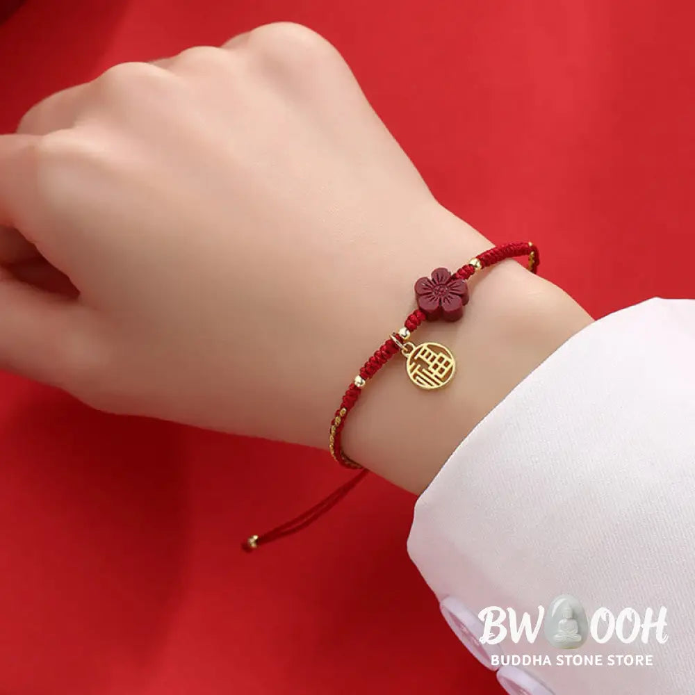 Buddha Stones Cinnabar Flower Fu Character Blessing Braided String Bracelet - BWOOOH