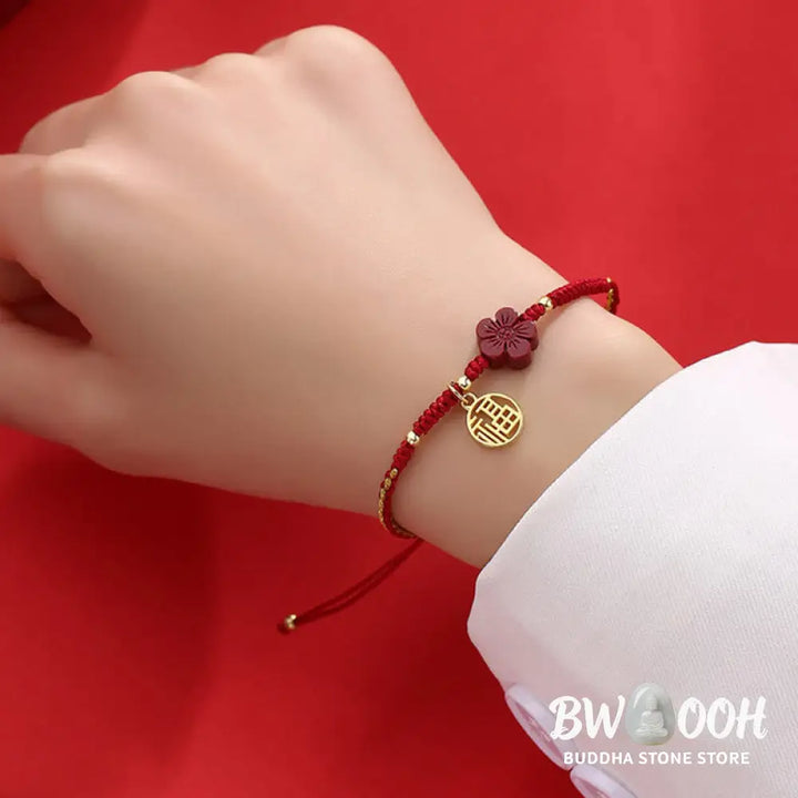 Buddha Stones Cinnabar Flower Fu Character Blessing Braided String Bracelet - BWOOOH