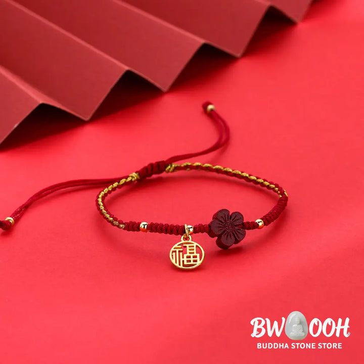 Buddha Stones Cinnabar Flower Fu Character Blessing Braided String Bracelet - BWOOOH