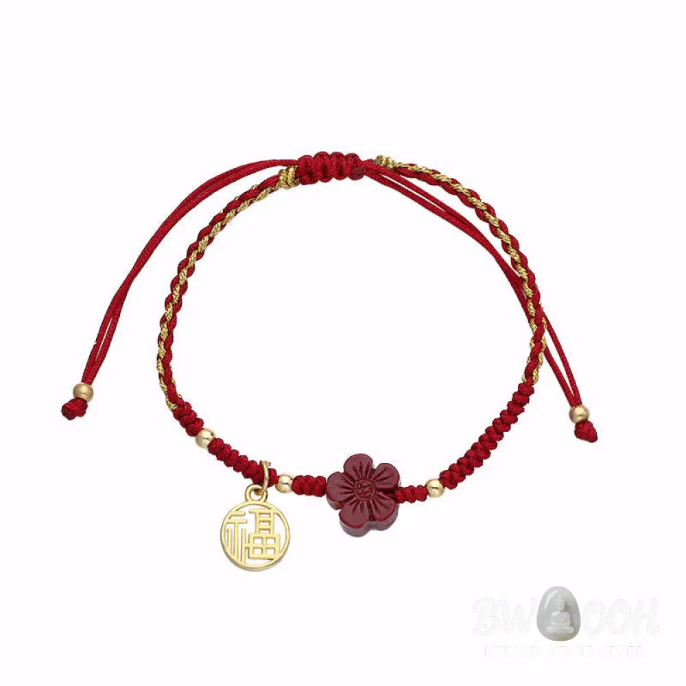 Buddha Stones Cinnabar Flower Fu Character Blessing Braided String Bracelet - BWOOOH