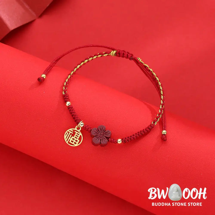 Buddha Stones Cinnabar Flower Fu Character Blessing Braided String Bracelet - BWOOOH