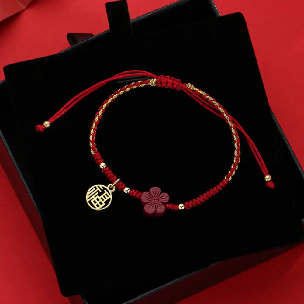 BWOOOH Cinnabar Flower Fu Character Blessing Braided String Bracelet 10mm protection bracelet feng shui bracelet