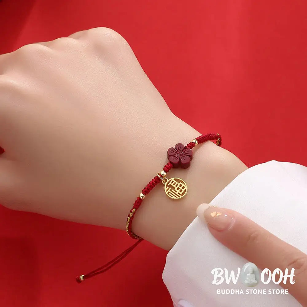 Buddha Stones Cinnabar Flower Fu Character Blessing Braided String Bracelet - BWOOOH