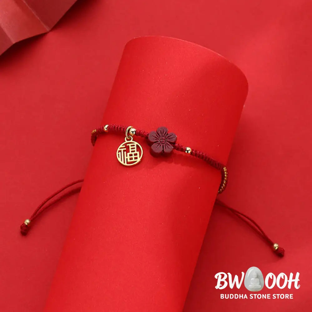 Buddha Stones Cinnabar Flower Fu Character Blessing Braided String Bracelet - BWOOOH