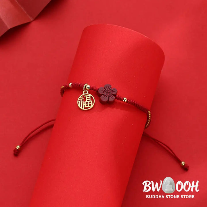 Buddha Stones Cinnabar Flower Fu Character Blessing Braided String Bracelet - BWOOOH