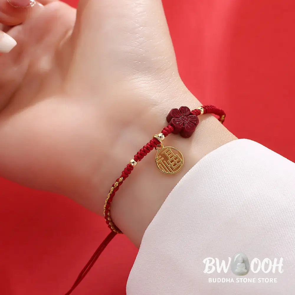Buddha Stones Cinnabar Flower Fu Character Blessing Braided String Bracelet - BWOOOH