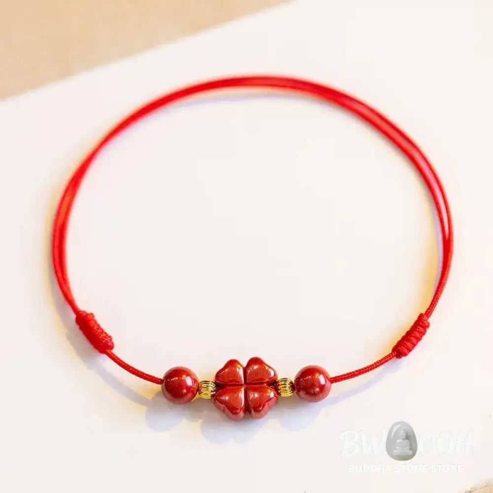 Buddha Stones Cinnabar Four Leaf Clover Blessing String Rope Anklet - Anklet