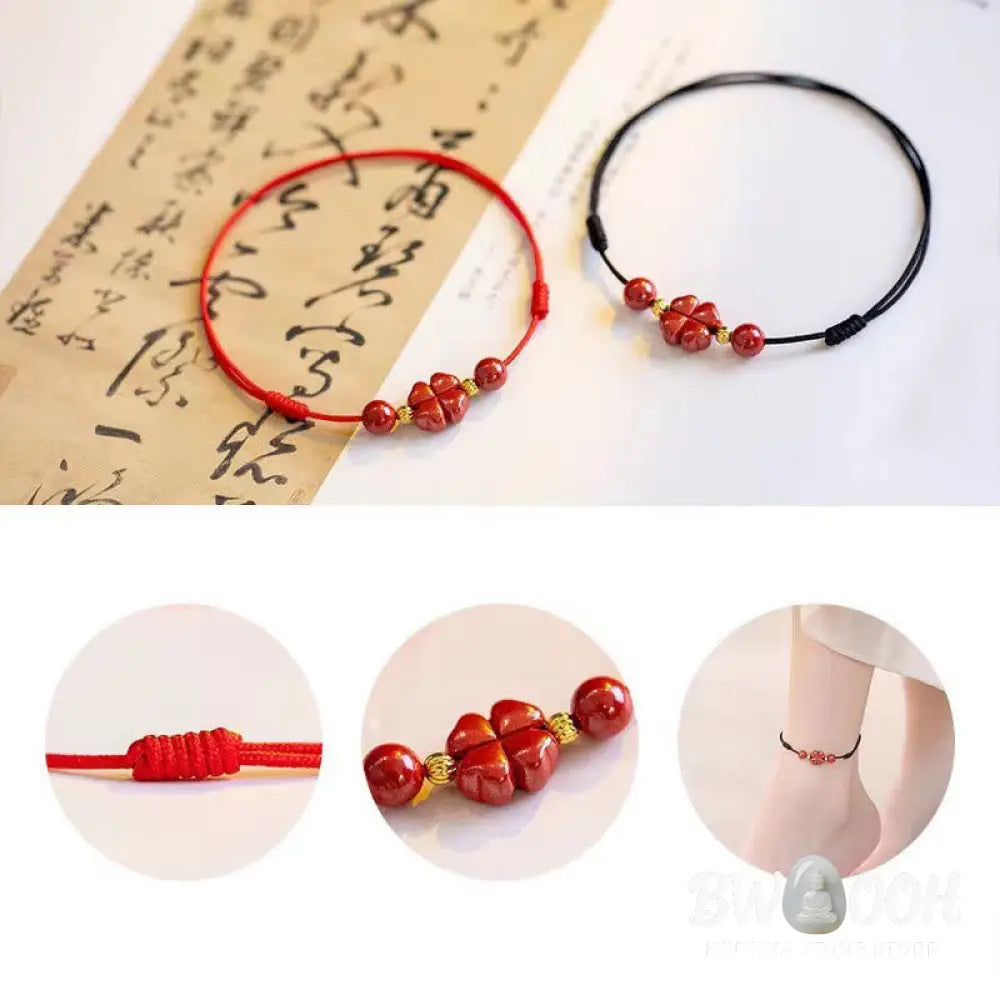 Buddha Stones Cinnabar Four Leaf Clover Blessing String Rope Anklet - Anklet