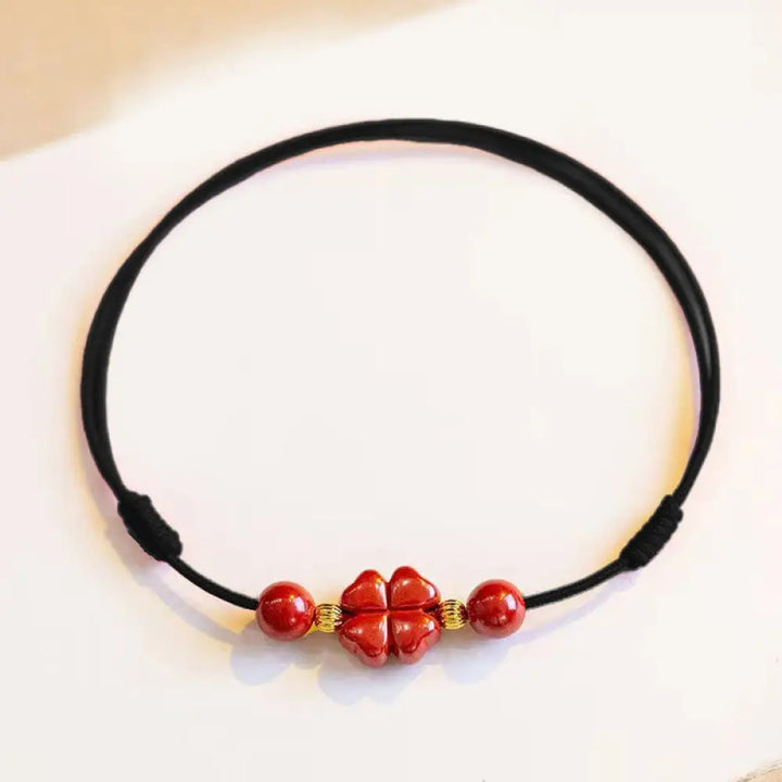 Buddha Stones Cinnabar Four Leaf Clover Blessing String Rope Anklet - Black Anklet(Circumference 30cm) - Anklet