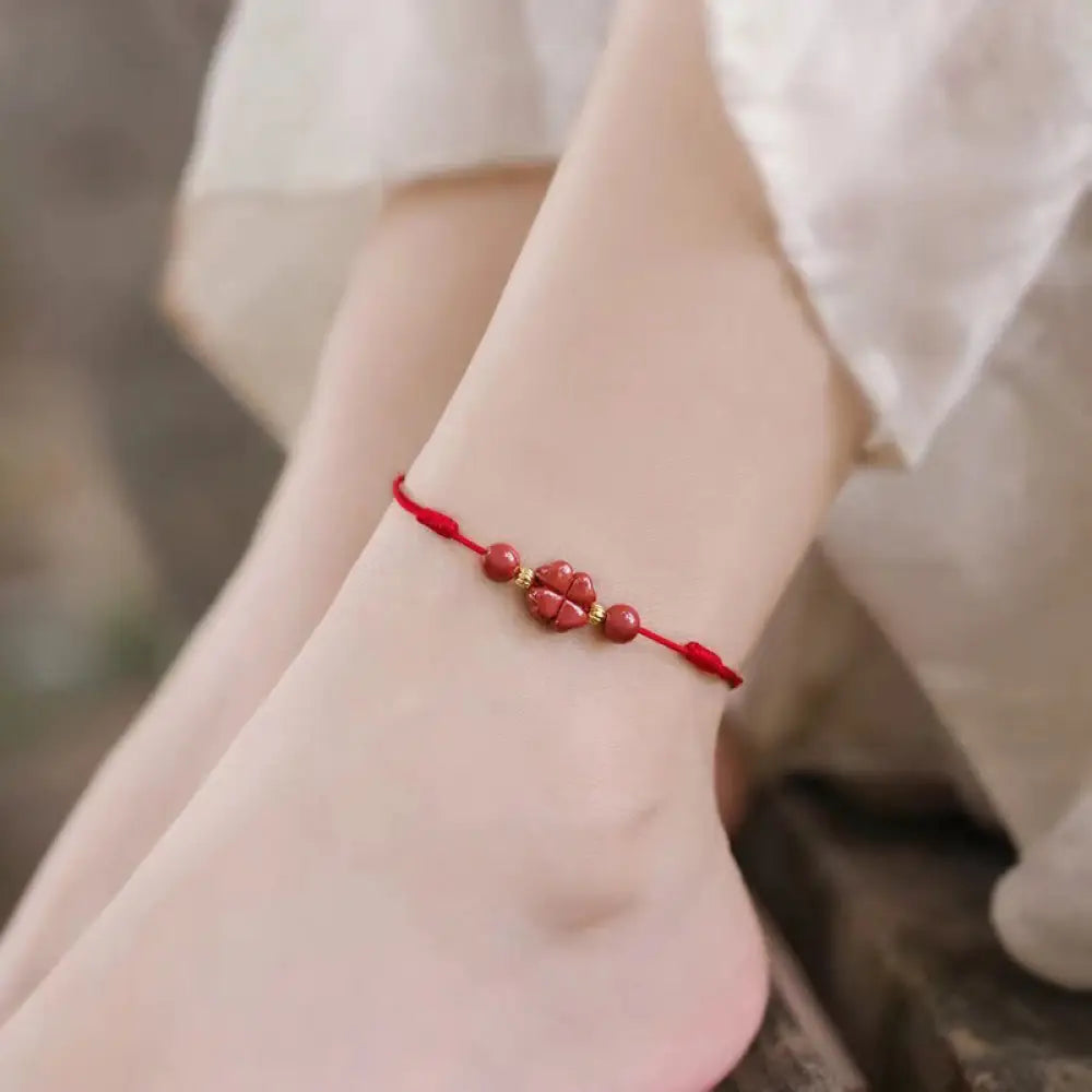 BWOOOH Cinnabar Four Leaf Clover Blessing String Rope Ank