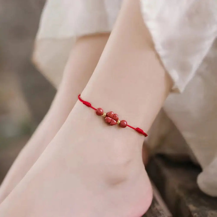 BWOOOH Cinnabar Four Leaf Clover Blessing String Rope Ank