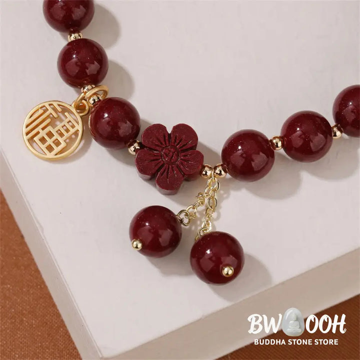 BWOOOH Cinnabar Fu Character Cherry Blossom Blessing Bracelet | spiritual healing bracelet