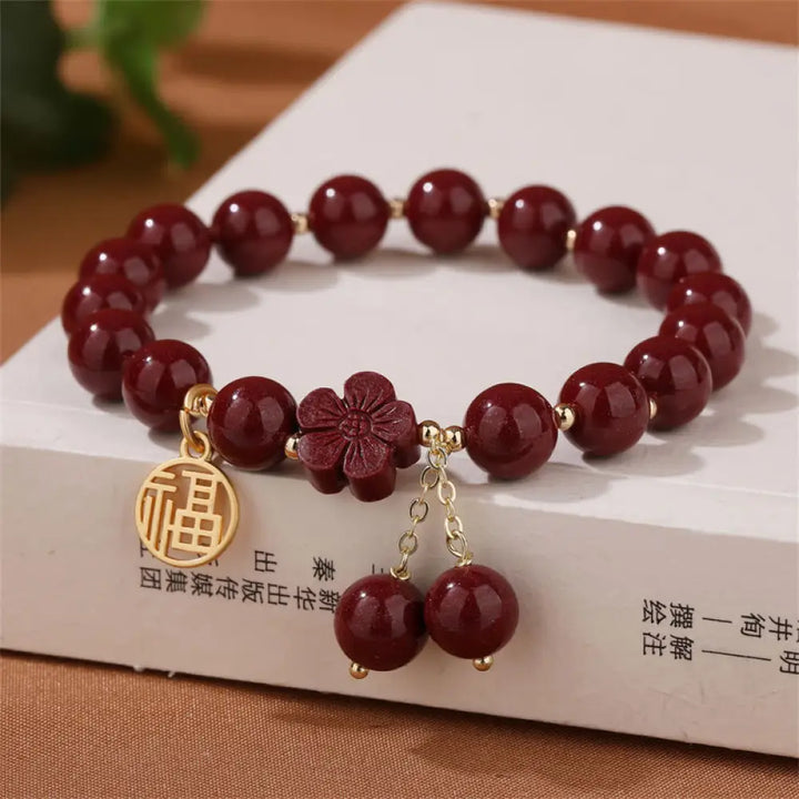 BWOOOH Cinnabar Fu Character Cherry Blossom Blessing Bracelet | spiritual healing bracelet