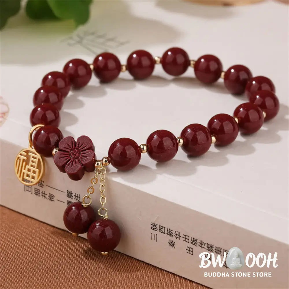 BWOOOH Cinnabar Fu Character Cherry Blossom Blessing Bracelet | spiritual healing bracelet