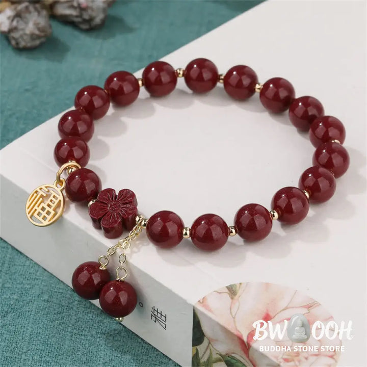 BWOOOH Cinnabar Fu Character Cherry Blossom Blessing Bracelet | spiritual healing bracelet