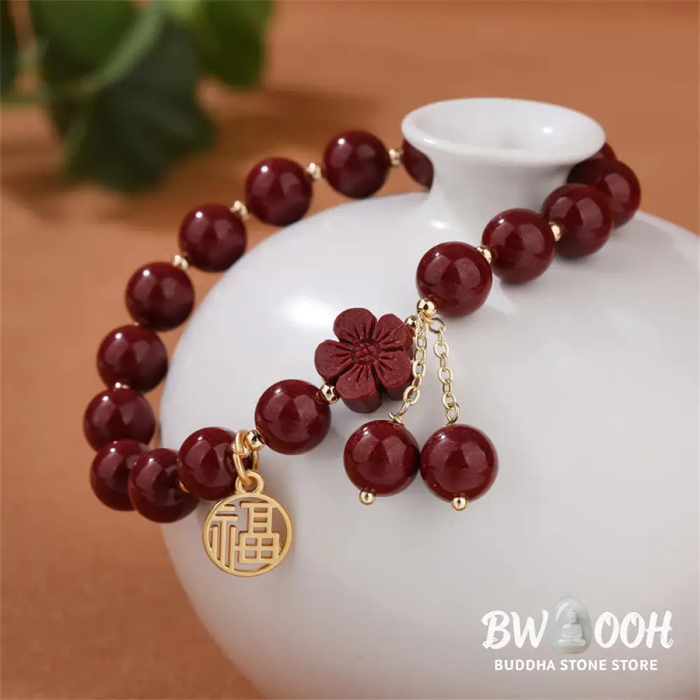 BWOOOH Cinnabar Fu Character Cherry Blossom Blessing Bracelet | spiritual healing bracelet