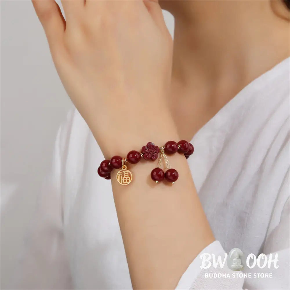 BWOOOH Cinnabar Fu Character Cherry Blossom Blessing Bracelet | spiritual healing bracelet