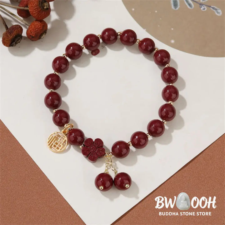 BWOOOH Cinnabar Fu Character Cherry Blossom Blessing Bracelet | spiritual healing bracelet