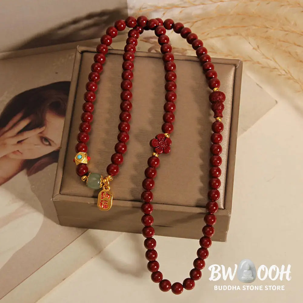 Buddha Stones Cinnabar Fu Character Flower Gourd Triple Wrap Blessing Bracelet - BWOOOH - Cinnabar(Wrist Circumference