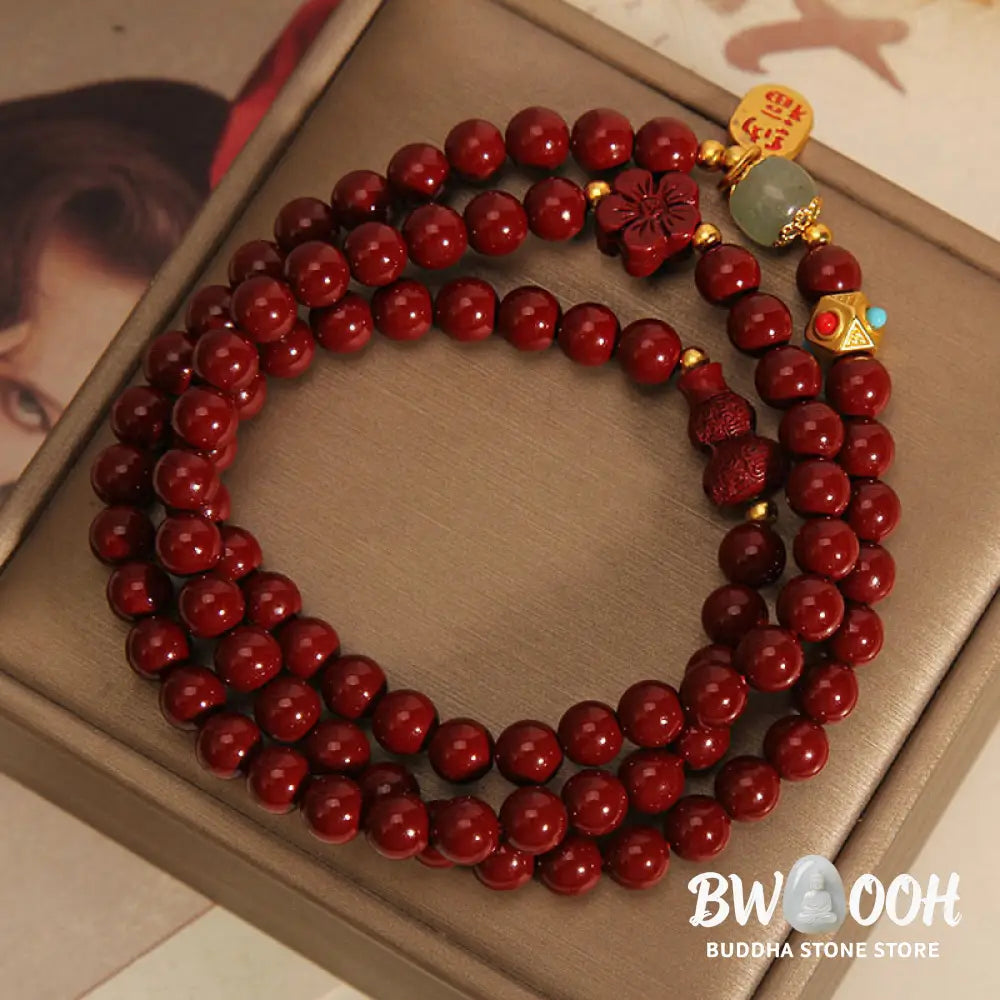 Buddha Stones Cinnabar Fu Character Flower Gourd Triple Wrap Blessing Bracelet - BWOOOH - Cinnabar(Wrist Circumference