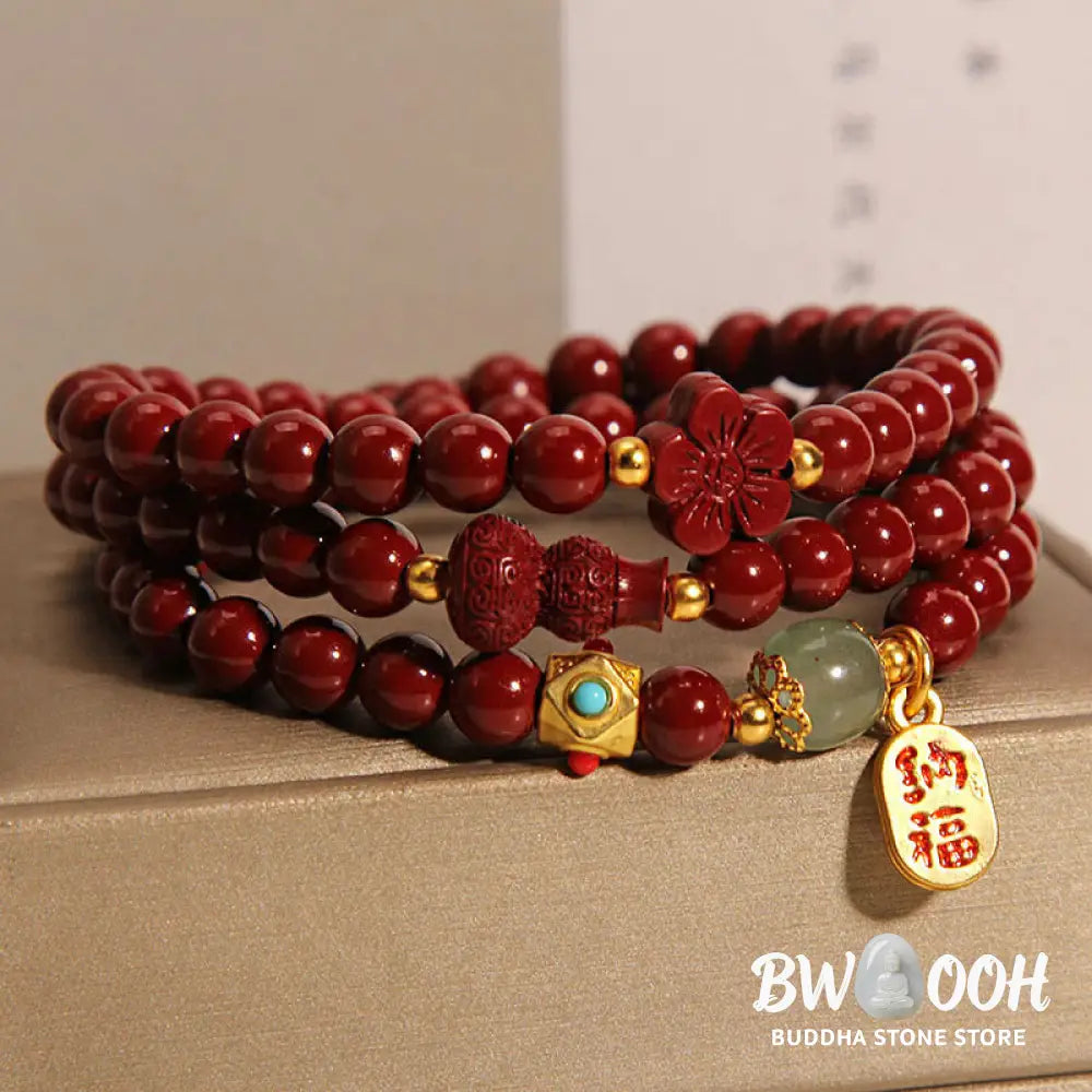 Buddha Stones Cinnabar Fu Character Flower Gourd Triple Wrap Blessing Bracelet - BWOOOH - Cinnabar(Wrist Circumference