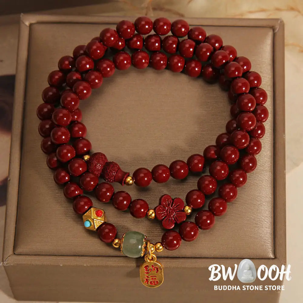Buddha Stones Cinnabar Fu Character Flower Gourd Triple Wrap Blessing Bracelet - BWOOOH - Cinnabar(Wrist Circumference