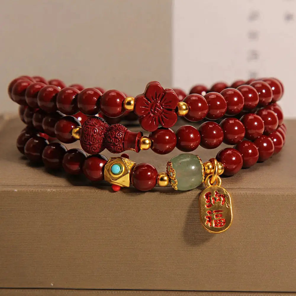 BWOOOH Cinnabar Fu Character Flower Gourd Triple Wrap Blessing Bracelet - BWOOOH - Cinnabar(Wrist Circumference