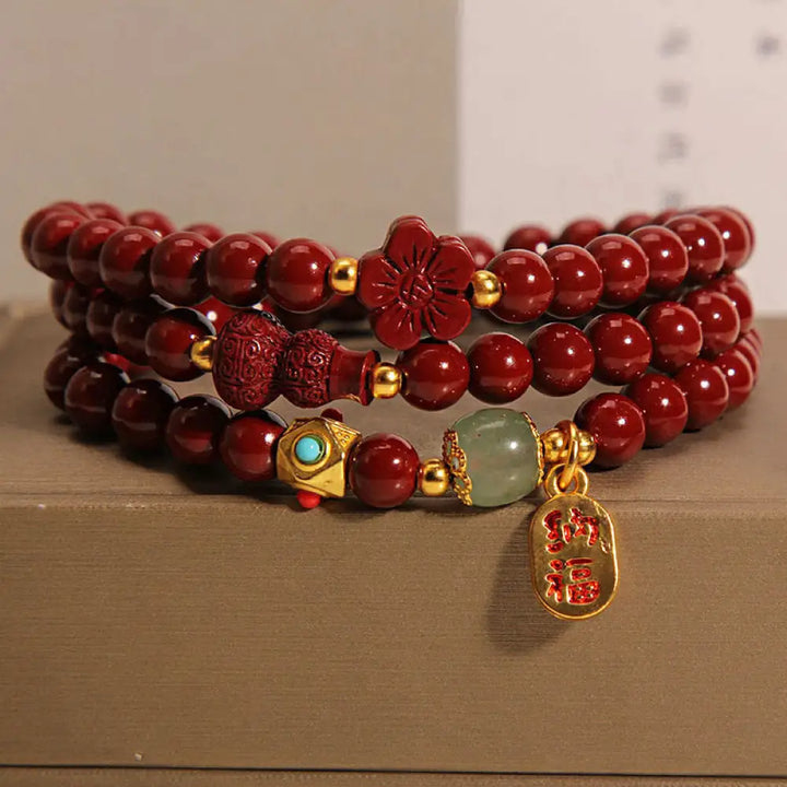 BWOOOH Cinnabar Fu Character Flower Gourd Triple Wrap Blessing Bracelet - BWOOOH - Cinnabar(Wrist Circumference